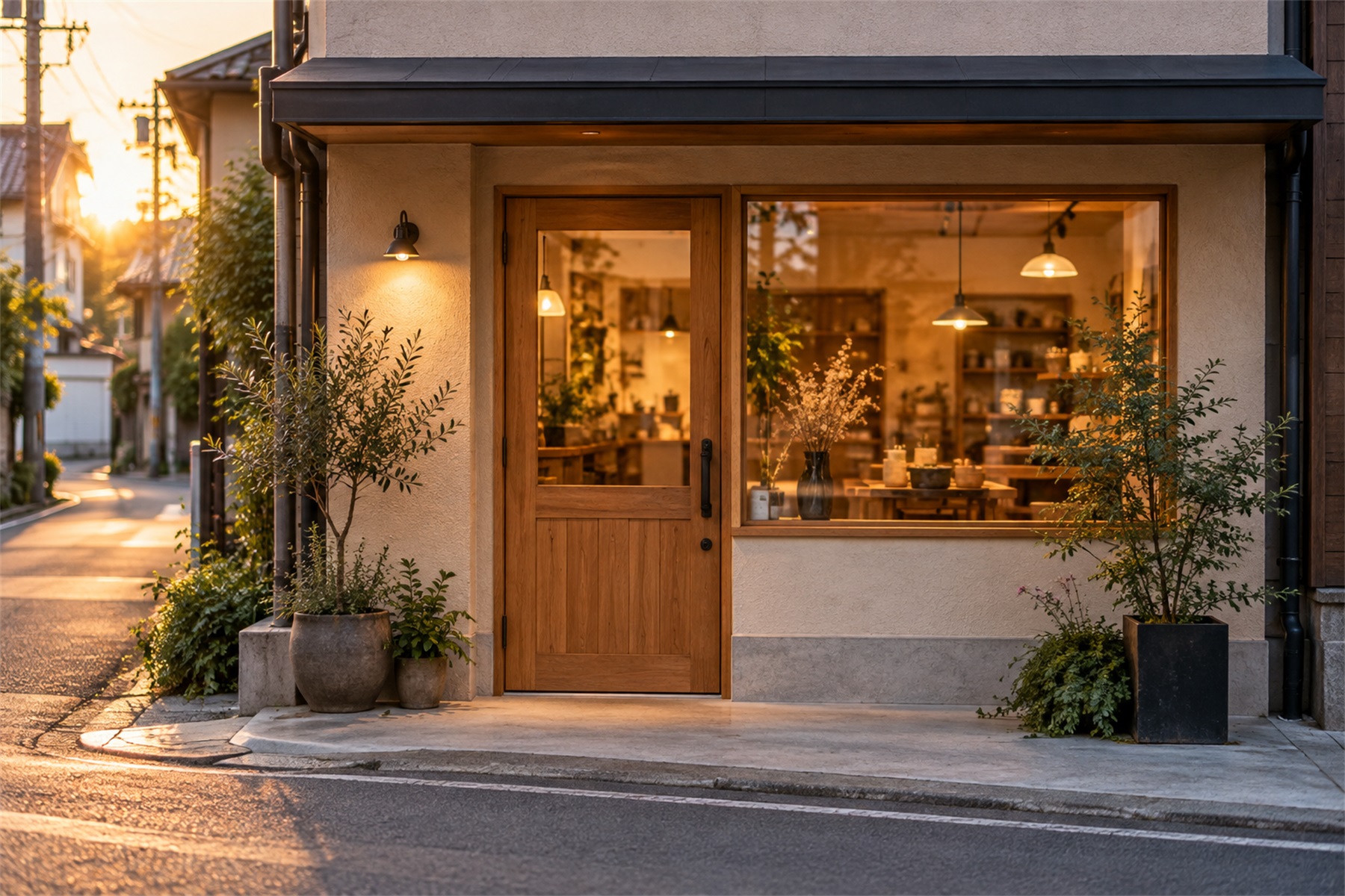 夕方のあかりが灯る、小さなお店の外観