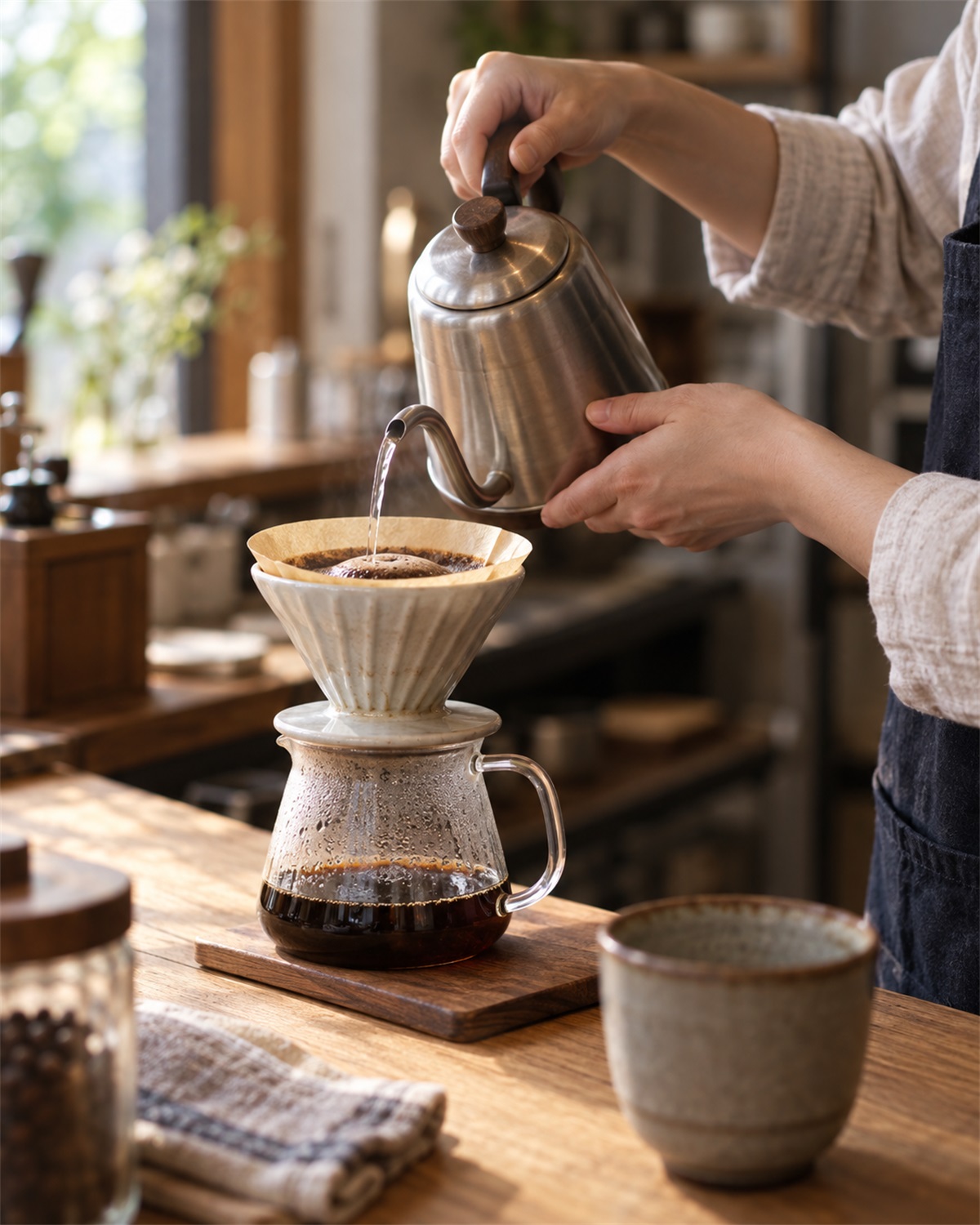 喫茶店のカウンターでコーヒーを淹れる手元