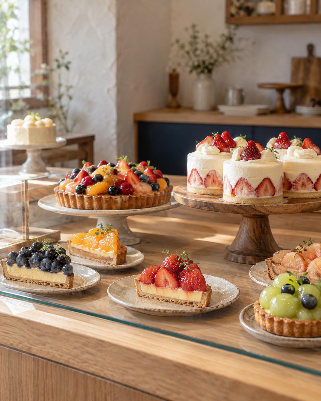 木のカウンターに並ぶ季節のタルトやショートケーキ